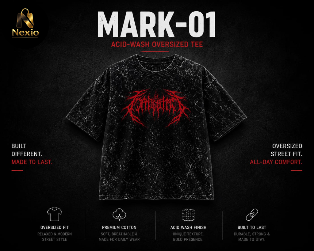 NEXIO-MARK-01 Acid-Wash Tee Over sized graphic street wear