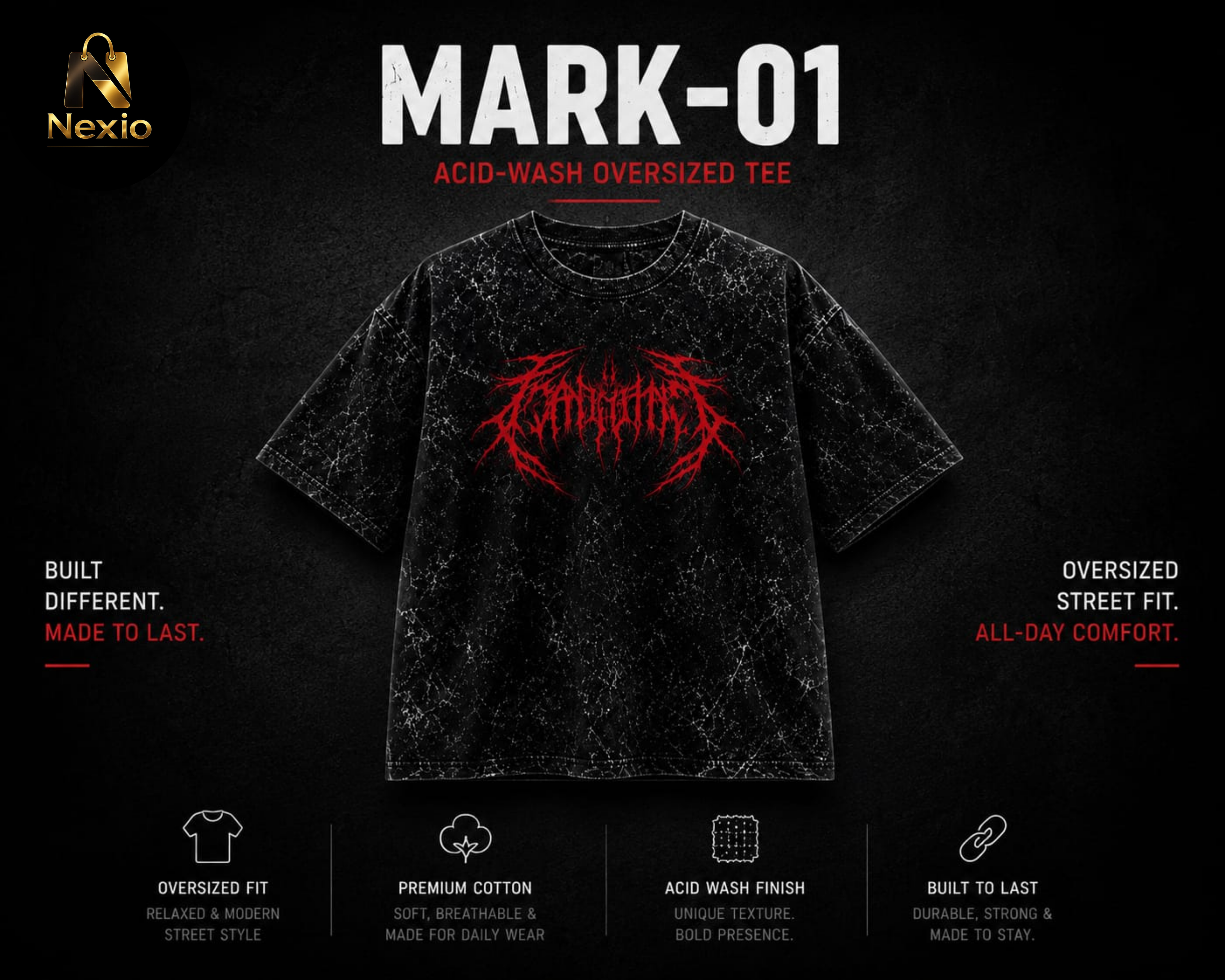 NEXIO-MARK-01 Acid-Wash Tee Over sized graphic street wear